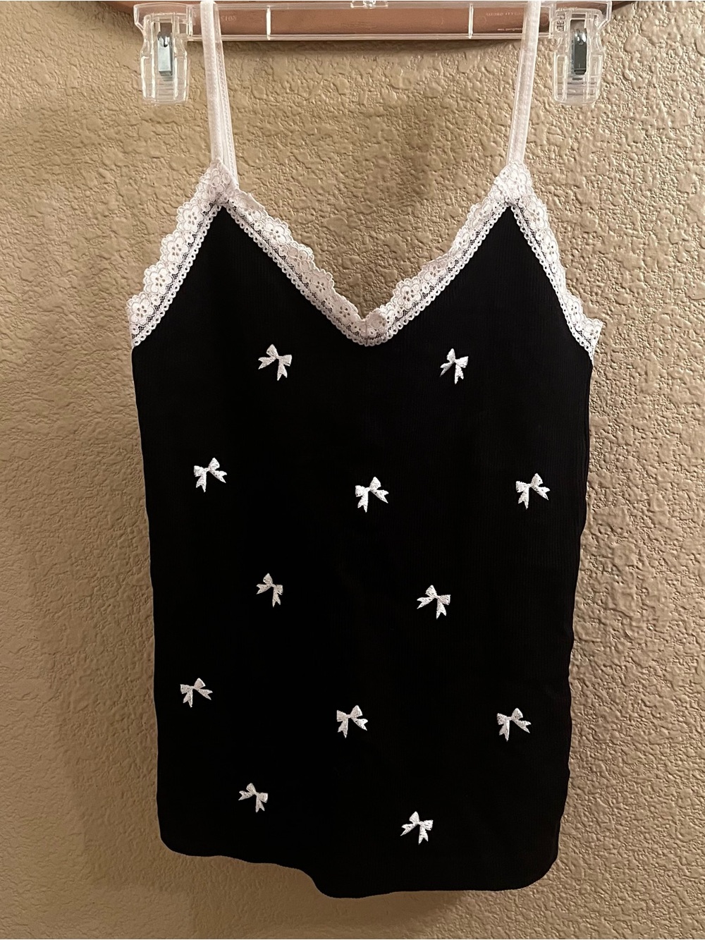 Black Ribbed Cami with White Lace & Bow Accents